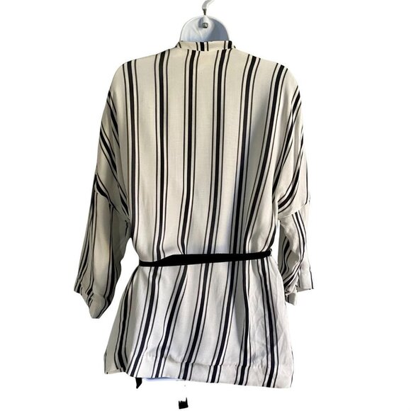 H&M White and Grey Striped Wrap Top Black Tie Belt Womens Small - Picture 7 of 10